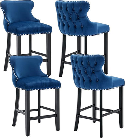 Rhomtree Elegant Button Tufted Upholstered Fabric Bar Stools with Nailhead Trim, Dining Side Chair, Leisure Padded Chairs with Solid Wooden Legs Home Kitchen Island Wooden Bar Chairs (Blue, Set of 4)