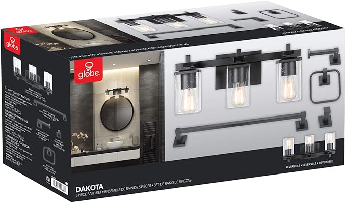 Globe Electric 51634 Dakota 5-Piece All-in-One Bathroom Set 3 Vanity Light with Seeded Glass Shades, Bar, Toilet Paper Holder, Towel Ring, Robe Hook, Matte Black