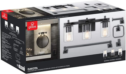 Globe Electric 51634 Dakota 5-Piece All-in-One Bathroom Set 3 Vanity Light with Seeded Glass Shades, Bar, Toilet Paper Holder, Towel Ring, Robe Hook, Matte Black