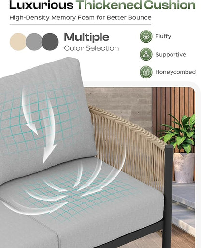 Aluminum Outdoor Patio Furniture Set with Dual-Layer Coffee Table, 4 Piece Modern Patio Conversation Sets with PE Rope, Outdoor Sectional Sofa with Thick Cushions for Balcony, Porch, Gray