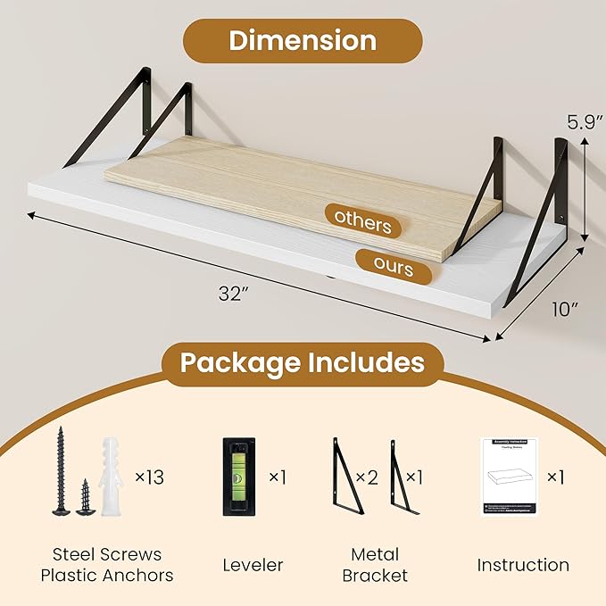 Acovy Floating Shelf for Wall,32" WX10 D Wood Floating Shelves with Sturdy Metal Bracket Set of 2,Wall Mounted Hanging Shelf for Bathroom,Bedroom,Kitchen,White