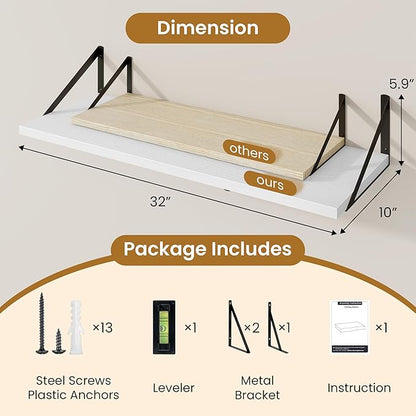 Acovy Floating Shelf for Wall,32" WX10 D Wood Floating Shelves with Sturdy Metal Bracket Set of 2,Wall Mounted Hanging Shelf for Bathroom,Bedroom,Kitchen,White