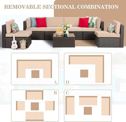 Vongrasig 8 Pieces Patio Furniture Set with 43" Fire Pit, Outdoor Couch Sectional Set, Small Conversation Set, 50,000 BTU Gas Fire Pit Propane Fire Table with Lid, Glass Wind Guard, Beige