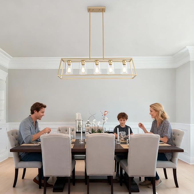 5-Light Gold Chandeliers for Dining Room | Modern Kitchen Island Light Fixture | Rectangle Chandelier for with Clear Glass Shade | Apply to Dining Room Light fixtures Over Table