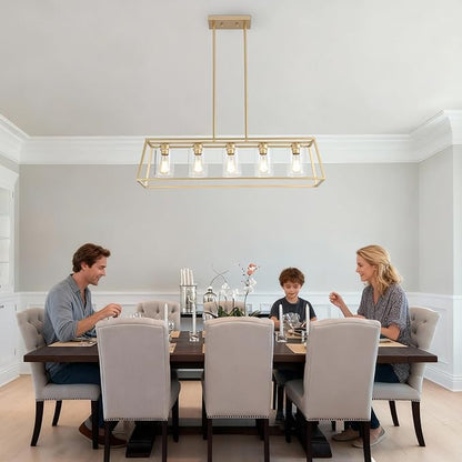 5-Light Gold Chandeliers for Dining Room | Modern Kitchen Island Light Fixture | Rectangle Chandelier for with Clear Glass Shade | Apply to Dining Room Light fixtures Over Table