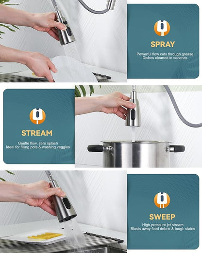 WOWOW Kitchen Faucet with Soap Dispenser: 304 Stainless Steel Kitchen Sink Faucet with Pull Down Sprayer 3 Modes, Single Handle High Arc Mixer Taps for Sink, RV, Laundry, Bar (Brushed Nickel)