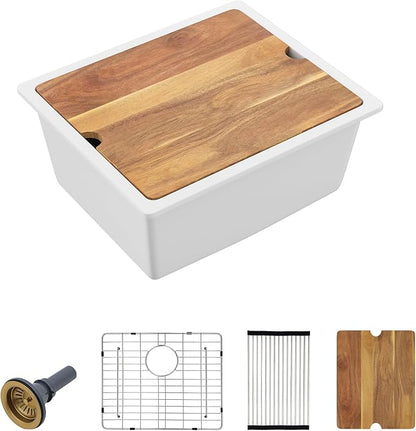 18"x18" Undermount Wet Bar Sink Workstation - White Granite Composite Quartz Classic Single Bowl Under Counter Small Kitchen Bar Prep RV Sink Basin