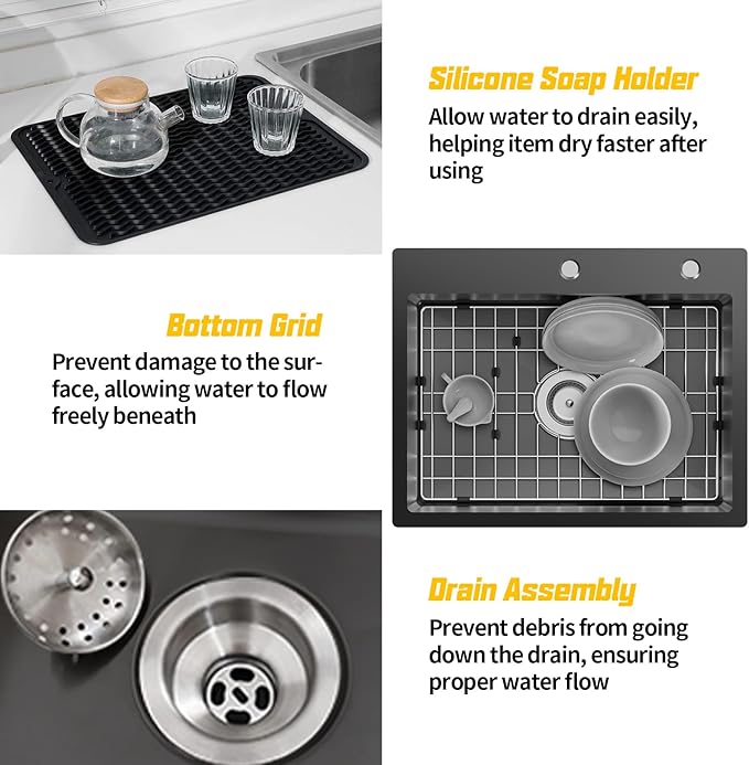 Black 23x18 Inch Drop In Kitchen Sink-Stainless Steel Single Bowl Topmount Kitchen Sink Stylish And Modern Look With Bottom Grid,Silicon Mat And Drain Assembly Add Elegance & Enhance Usability