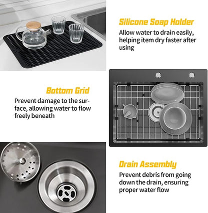 Black 23x18 Inch Drop In Kitchen Sink-Stainless Steel Single Bowl Topmount Kitchen Sink Stylish And Modern Look With Bottom Grid,Silicon Mat And Drain Assembly Add Elegance & Enhance Usability