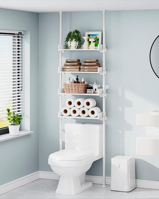 ALLZONE Bathroom Organizer, Over The Toilet Storage, 4-Tier Adjustable Wood Shelves for Small Rooms, Saver Space Rack, Narrow Cabinet, 92 to 116 Inches Tall, White