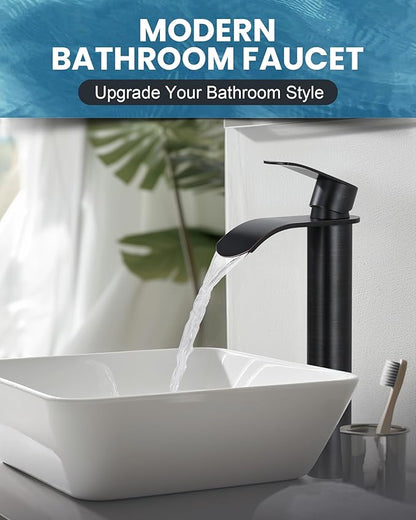 Vessel Sink Faucet Oil Rubbed Bronze：WOWOW Single Handle Tall Bathroom Faucet - Waterfall Single Hole Mixer Bar Tap with Large Rectangular Spout, Deck Mount Lavatory Vanity with Pop Up Drain
