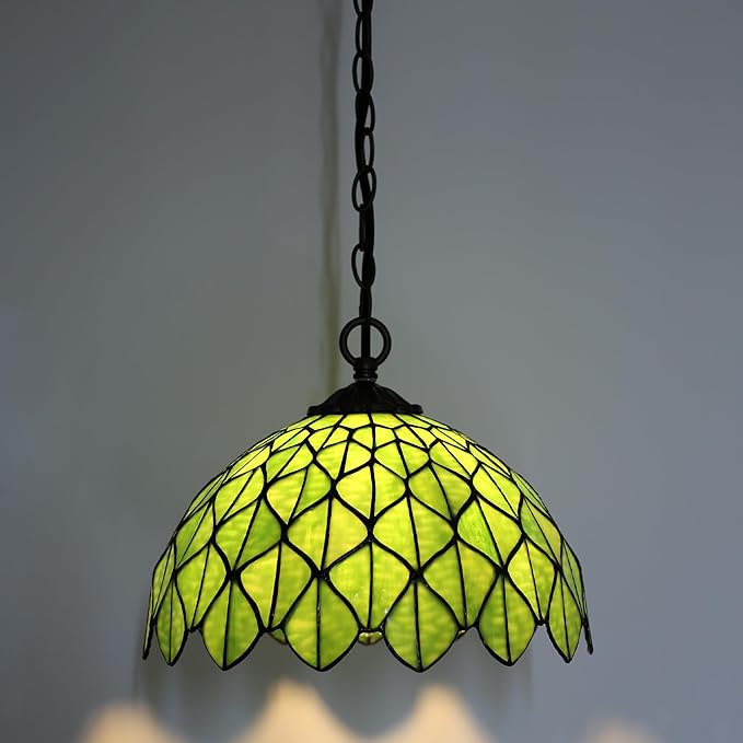Tiffany Pendant Light Plug-in Stained Glass Hanging Lamp 12”x12”x181” Green Maple Leaf Swag Light Vintage Lighting for Dining Room Living Room Kitchen Hallway Bedroom