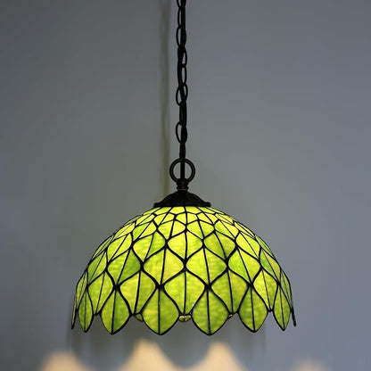 Tiffany Pendant Light Plug-in Stained Glass Hanging Lamp 12”x12”x181” Green Maple Leaf Swag Light Vintage Lighting for Dining Room Living Room Kitchen Hallway Bedroom