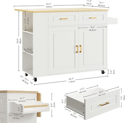 IRONCK Rolling Kitchen Island with Storage, Kitchen Cart Cabinet with Drop-Leaf & Charging Station Drawer & Shelves & Spice Rack 47" W x 30" D White