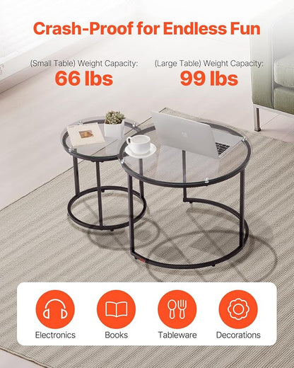 VEVOR Nesting Coffee Table Set of 2, 23.6 in Round Coffee Table, Glass Nesting Tables for Small Place, Modern End Side Tables Night Stand with Metal Frame, for Living Room, Bedroom, Balcony, Office