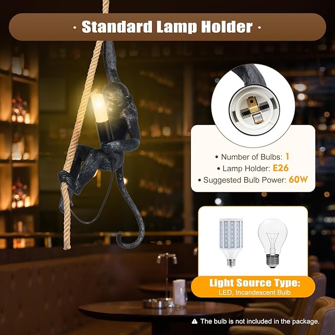 LOYALHEARTDY Vintage Resin Hemp Rope Monkey Pendant Light Fixture Monkey Chandelier Industrial Retro E26 Edison Ceiling Pendant Lamp for Dining Living Room Bedroom Bar Cafe (Black)
