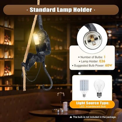 LOYALHEARTDY Vintage Resin Hemp Rope Monkey Pendant Light Fixture Monkey Chandelier Industrial Retro E26 Edison Ceiling Pendant Lamp for Dining Living Room Bedroom Bar Cafe (Black)