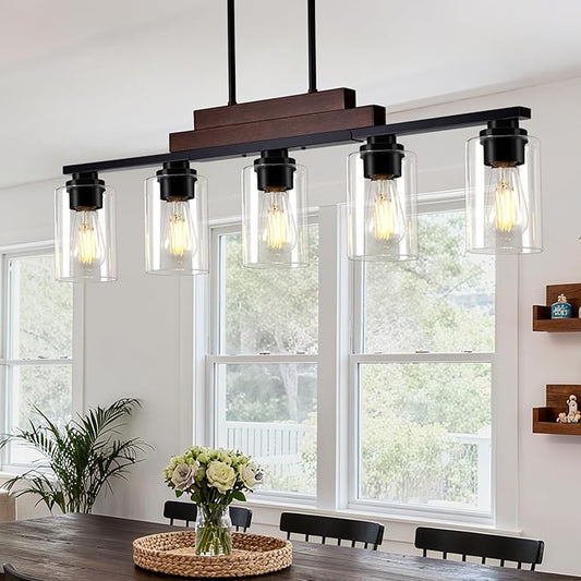 Dining Room Light Fixture Over Table, 5-Light Farmhouse Chandeliers for Dining Room Hanging, Linear Pendant Lights Kitchen Island Lighting, Wood Ceiling Light Fixture with Clear Glass Shade, Black