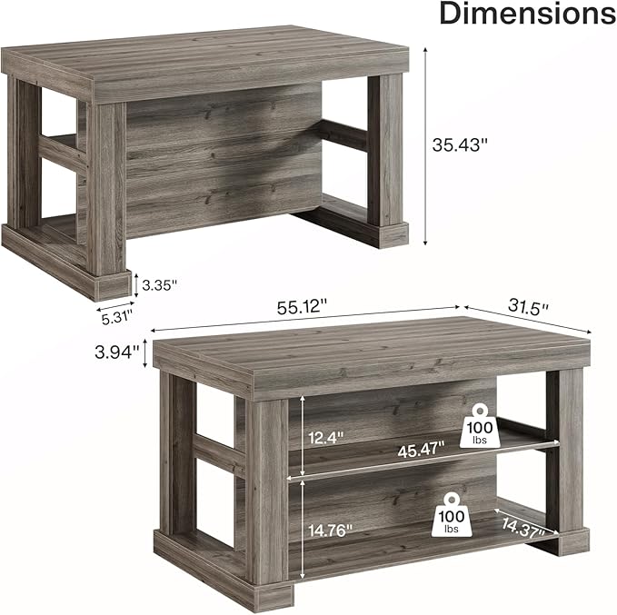 Tribesigns 55" Kitchen Island with Seating and Storage, 3-Tier Farmhouse Wood Stationary Island Table with Large Worktop & Leg Room, Coffee Bar Table with Storage Shelves for Kitchen, Grey