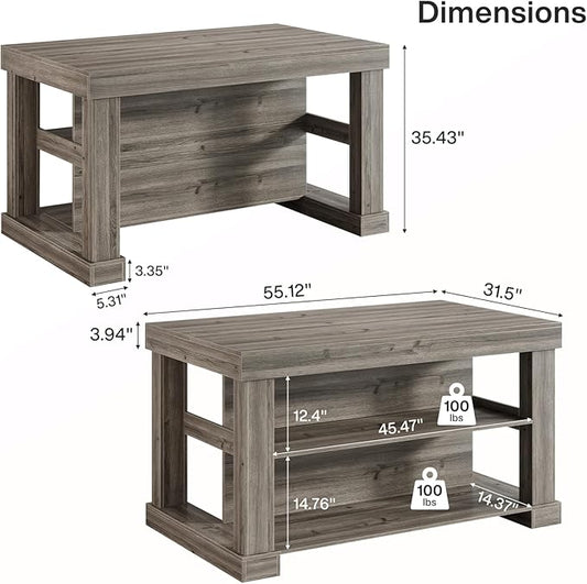 Tribesigns 55" Kitchen Island with Seating and Storage, 3-Tier Farmhouse Wood Stationary Island Table with Large Worktop & Leg Room, Coffee Bar Table with Storage Shelves for Kitchen, Grey
