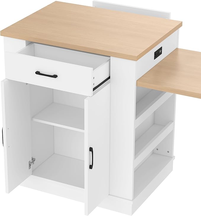 Kitchen Island Console with Storage, White and Natural Wood Top, Extendable Dining Table with Drawers and Shelves, 80.7 x 33.4 x 35.3 Inches (White)