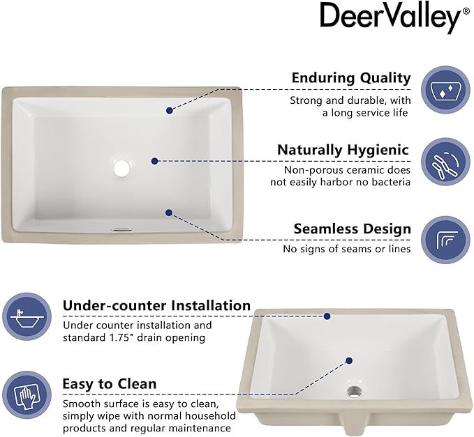 DeerValley 24x16 Inch Rectangular Undermount Bathroom Sink, White Ceramic Under Counter Sink with Flat Overflow, DV-1U0209