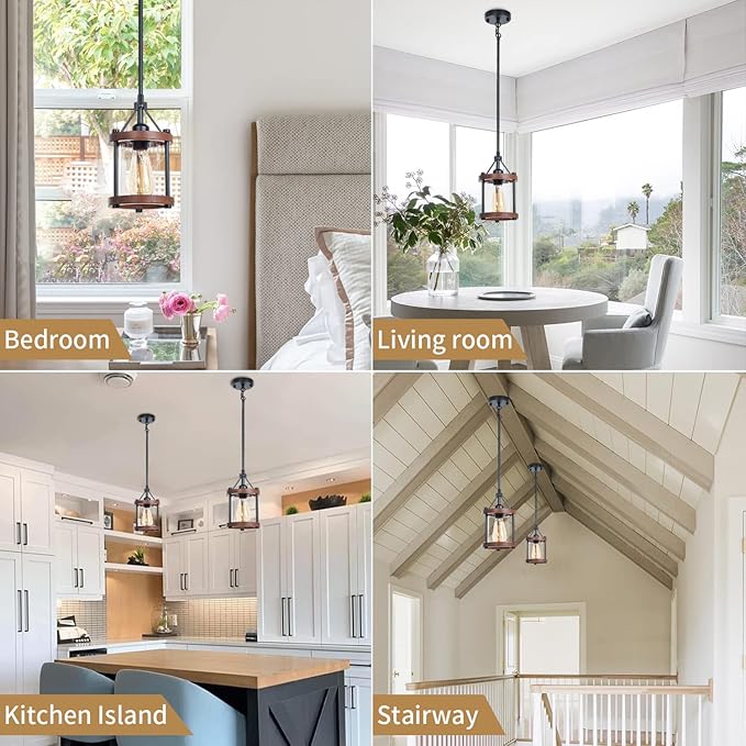 Farmhouse Pendant Light in Wood and Metal Cage, Rustic Brown Wood Pendant Light with Glass, Adjustable Hanging Light Fixtures, Mini Pendant Lighting for Kitchen Island, Hallway, Foyer, 1 Pack