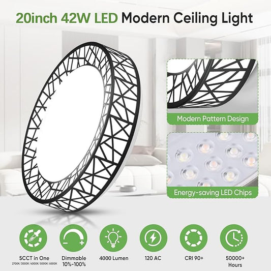 Lightania 20 Inch Flush Mount Ceiling Light, Modern Black LED Ceiling Light Fixture, 42W 4000LM 2700-6500K Adjustable, Dimmable Ceiling Lights for Bedroom, Kitchen, Hallway, Bathroom, ETL Listed