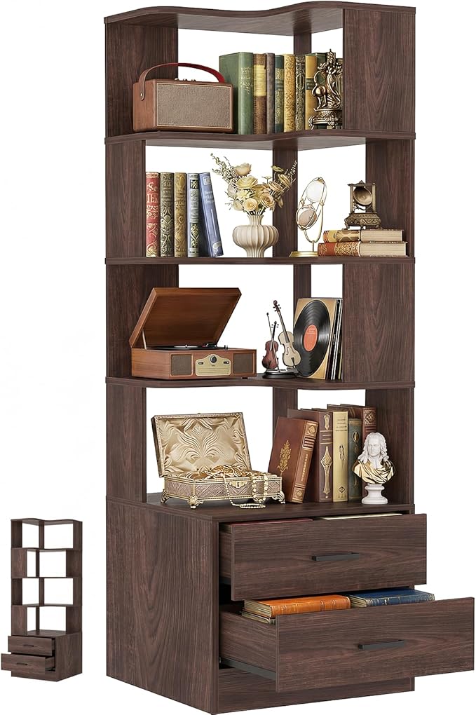 Armocity Corner Bookshelf with Drawers, 7 Tier Corner Book Shelf Display Bookcase, Freestanding L Shaped Bookshelf for Bedroom, Living Room, Home Office, Black Walnut