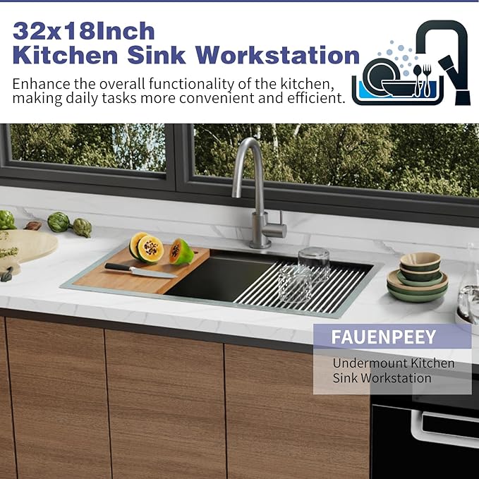 Kitchen Sink Workstation,32"x18" Stainless Steel Undermount Single Bowl Sink Built-in Ledge Drop In Workstation Sink Design For Placing/Sliding Accessories-Cutting Board,Drying Rack