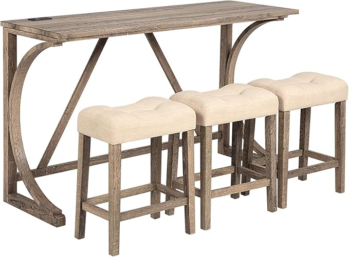 LKTART 4 Piece Kitchen Table Set, Counter Height Bar Table Set with Socket and 3 Padded Stools Industrial Breakfast Nook Table Set for Living Room, Dining Room,Small Space, Brown