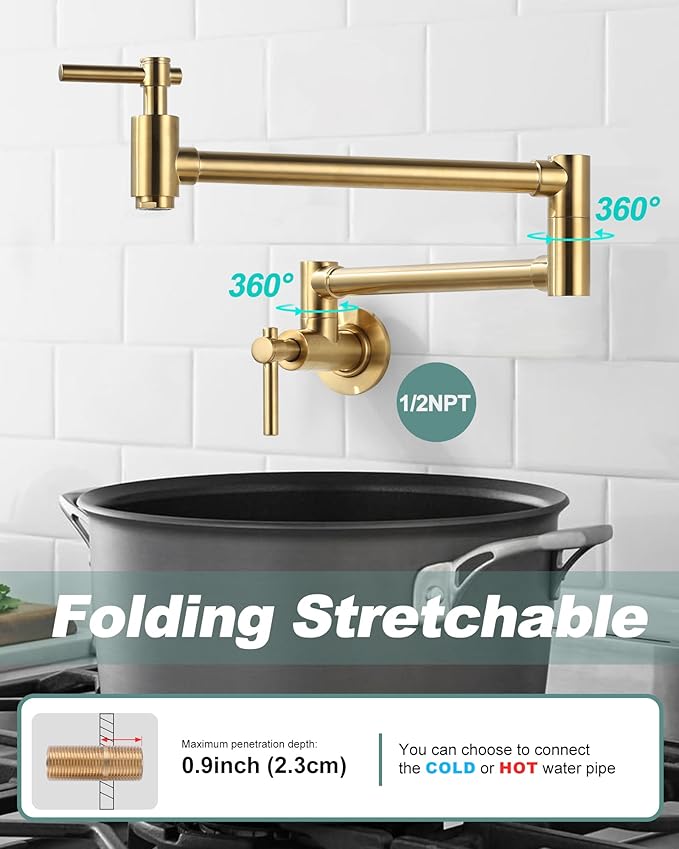 Gold Pot Filler Faucet, Wall Mount Copper Folding Faucet 2 Handle with Double Joint Swing Arms, Single Hole Brass Kitchen Faucet Over Stove