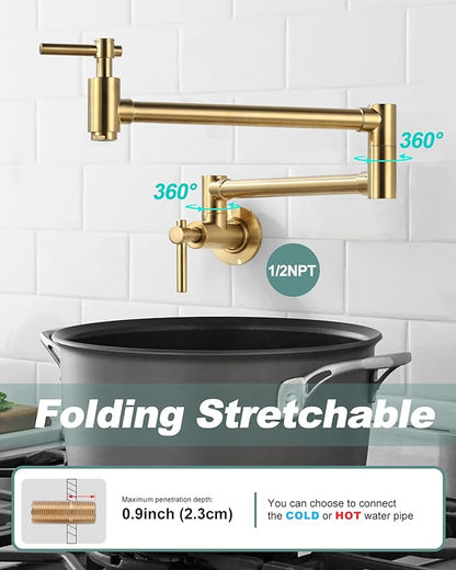 Gold Pot Filler Faucet, Wall Mount Copper Folding Faucet 2 Handle with Double Joint Swing Arms, Single Hole Brass Kitchen Faucet Over Stove