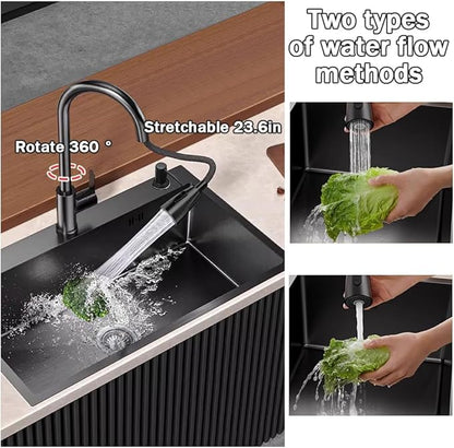 31.5 * 19.7in Drop In Kitchen Sink,Black Stainless Steel Single Bowl Sink,Topmount Workstation Sink With Pull Out Faucet,Soap Dispenser And Drain Basket