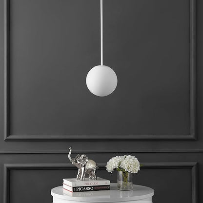JONATHAN Y 7.75" White Modern Globe LED Pendant Light, Industrial Hanging Ceiling Lamp for Kitchen Island, White Glass Globe Shade, LED Bulb Included (JYL9528E)