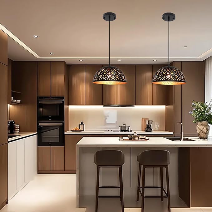 Kitchen Pendant Lights Over Island Vintage, Black and Gold Dome Pendant Lighting Fixtures Farmhouse Hanging Ceiling Lamp Retro Industrial E26 Single Chandelier for Dining Room Bedroom Sink 11.81"