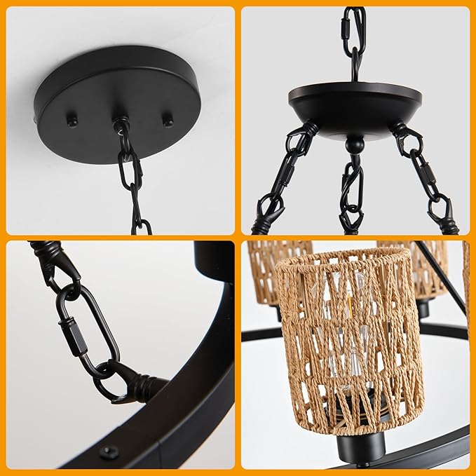 9-Light 32" Boho Rattan Chandeliers for Dining Room,Farmhouse Wagon Wheel Chandeliers,Adjustable Height Hanging Round Pendant Lighs for Kitchen Island,Wicker Lampshade Chandelier Light Fixture