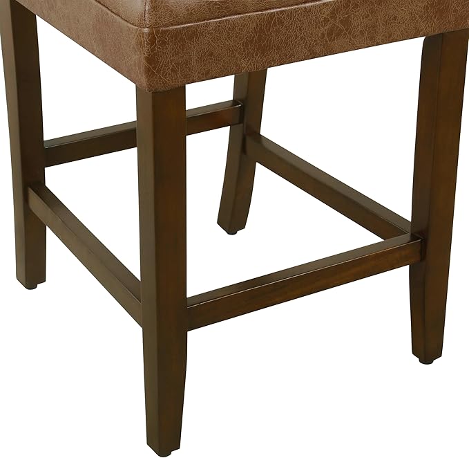 HomePop 24-Inch Counter Height Upholstered Bar Stool, Set of 1, Cognac Brown Faux Leather Seat with Back, Solid Wood Legs, Classic Kitchen Island Counter Height Stool