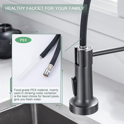 WEWE Black Stainless Kitchen Faucet, Faucet for Kitchen Sink with Pull Down Sprayer Gray Matte Gun Black Kitchen Faucet with Deck Plate Stainless Steel Farmhouse Commercial Single Handle Sink Faucet