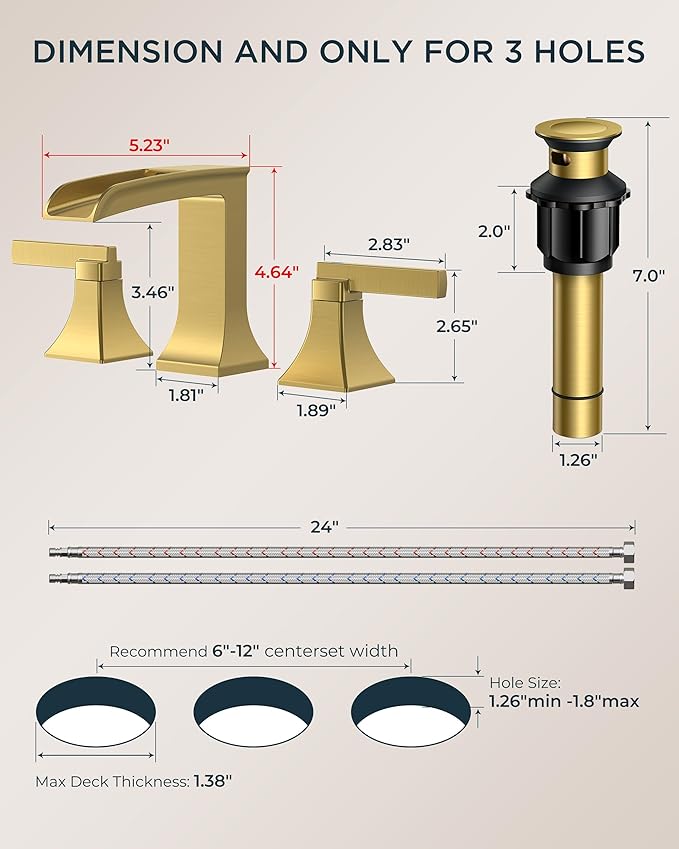 FORIOUS Waterfall Brushed Gold Bathroom Faucet 3 Hole Vanity, Two Handle Brass Gold Faucet for Bathroom Sink Widespread 8 Inch with Metal Pop-up Drain and CUPC Pre-Assembled Hose