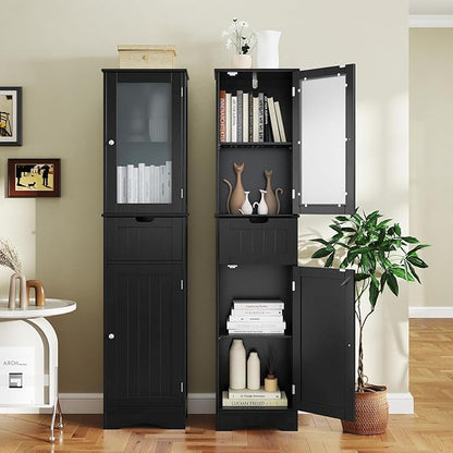 Tangkula 67" Tall Bathroom Storage Cabinet, Slim Freestanding Tower w/ 2 Doors & 1 Drawer, Narrow Floor Cabinet w/Adjustable Shelves & Tempered Glass Door for Bathroom Living Room (Black)