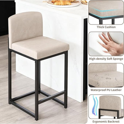 GarveeHome Bar Stools Set of 4, Modern Counter Height Bar Stools with Back and Footrest, Faux Leather Upholstered Barstools Chairs for Kitchen Island Dining Room Bar, Beige