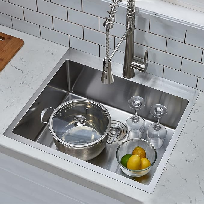 SHACO 18x18 Inch Drop In Bar Sink,18 Inch Small Kitchen Sink,Stainless Steel 16 Gauge Single Bowl Outdoor Laundry Prep RV Sink with Strainer Drain, Brushed Nickel