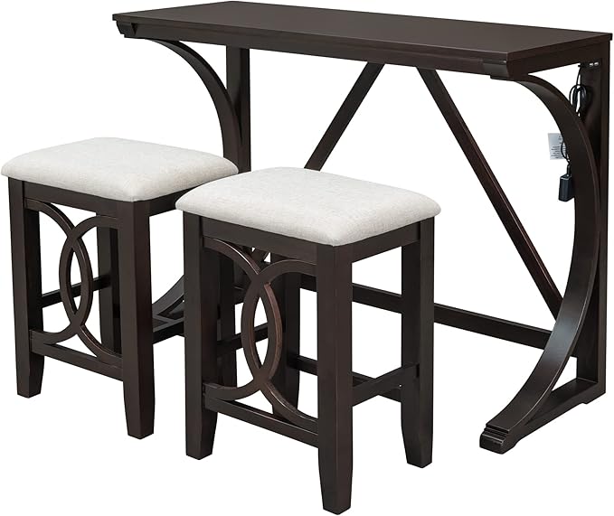 Rustic Dining Table Set, Farmhouse 3-Piece Counter Height Dining Table Set with USB Port and Upholstered Stools for Small Places (Espresso/Farmhouse-A)
