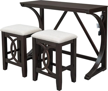 Rustic Dining Table Set, Farmhouse 3-Piece Counter Height Dining Table Set with USB Port and Upholstered Stools for Small Places (Espresso/Farmhouse-A)