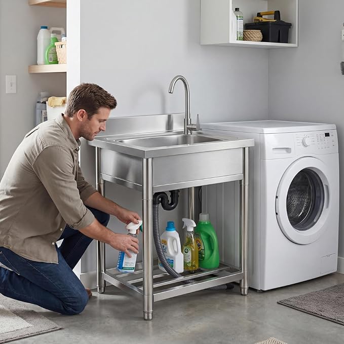 Free Standing Stainless-Steel Single Bowl Commercial Restaurant Kitchen Sink Set w/Faucet, Prep & Utility Washing Hand Basin w/Storage Shelve, laundry tub for Indoor Outdoor (22in)