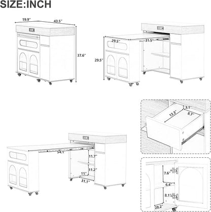 Extendable Kitchen Island on Wheels with Drawers, Power Outlet, Cabinet Storage, Walnut and Creamy White, 43.5 x 37.6 Inch (Black,White Marble)