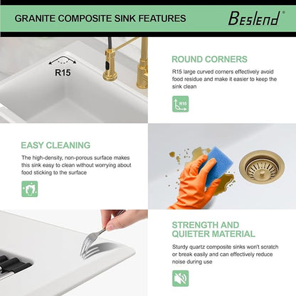 33x22 Inch White Composite Drop In Kitchen Sink Granite Composite Kitchen Sink Workstation Topmount Luxury Above Counter Single Bowl Sink Basin