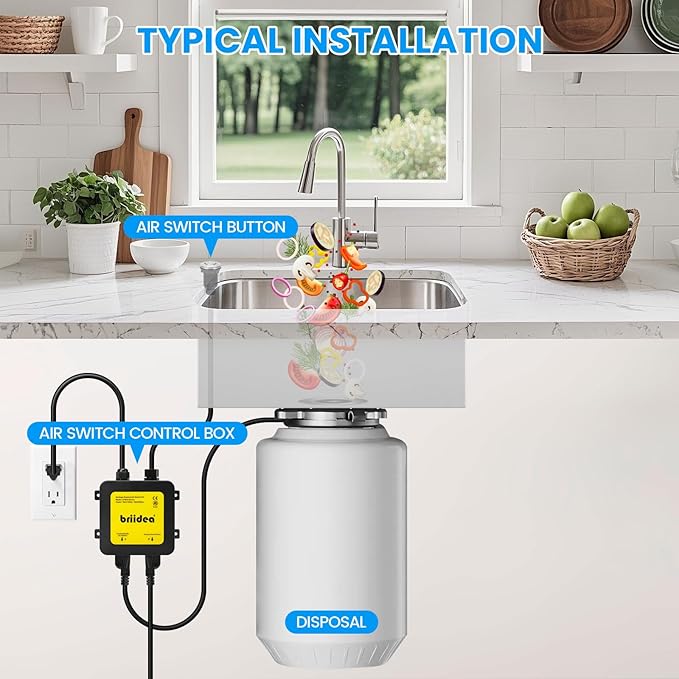 Garbage Disposal Air Switch Kit Dual Outlet Sink Top Waste Disposal Long Stainless Steel Black On/Off Air Button Food and Waste Disposals Part by Briidea, UL Listed