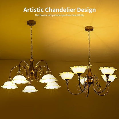 5-Light Vintage Chandeliers in Matte Brass Finish with White Glass Shades, Retro Chandelier Light for Dining Room, Hallway, Kitchen